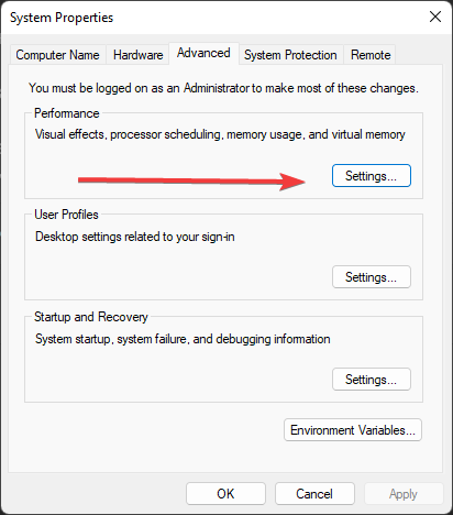 settings options on advanced menu