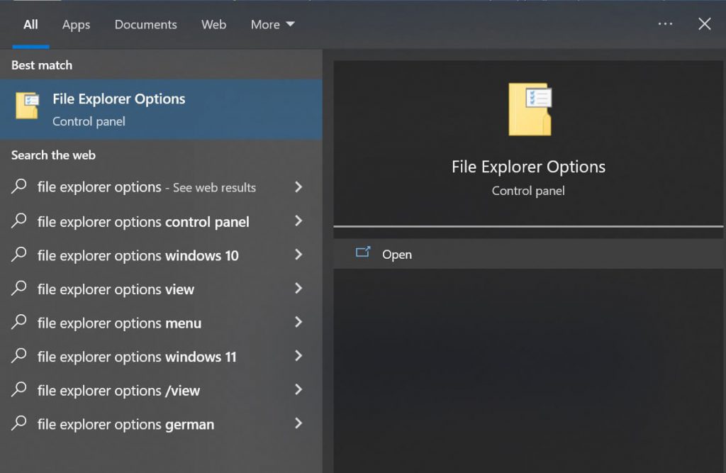 search file explorer option in Windows search