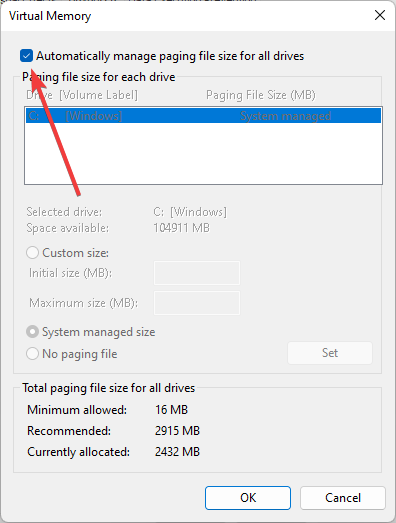 Automatically manage paging file size for all drives setting