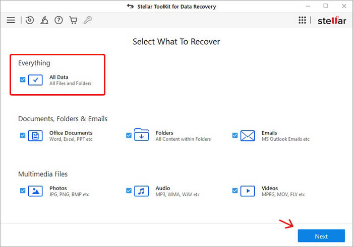 Select all data to recover and click next