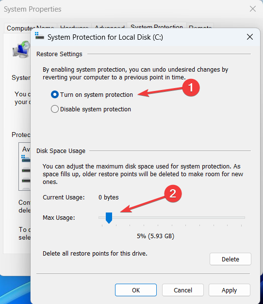 Enable system restore and allocate space