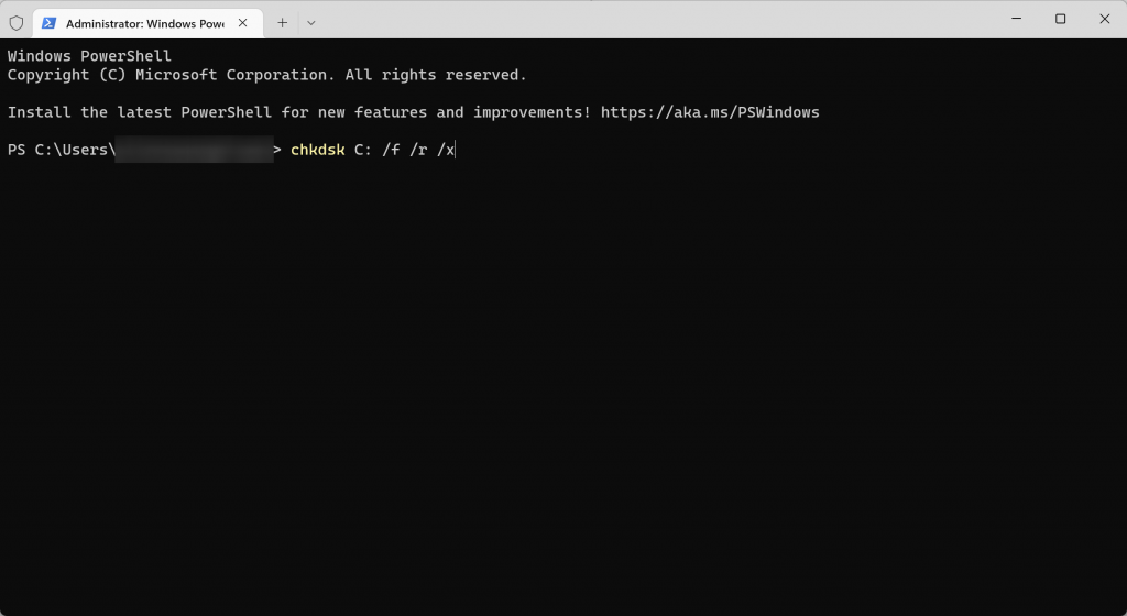 chkdsk C: /f /r /x