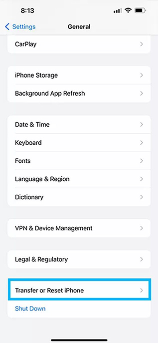 Transfer and Reset iPhone in General menu