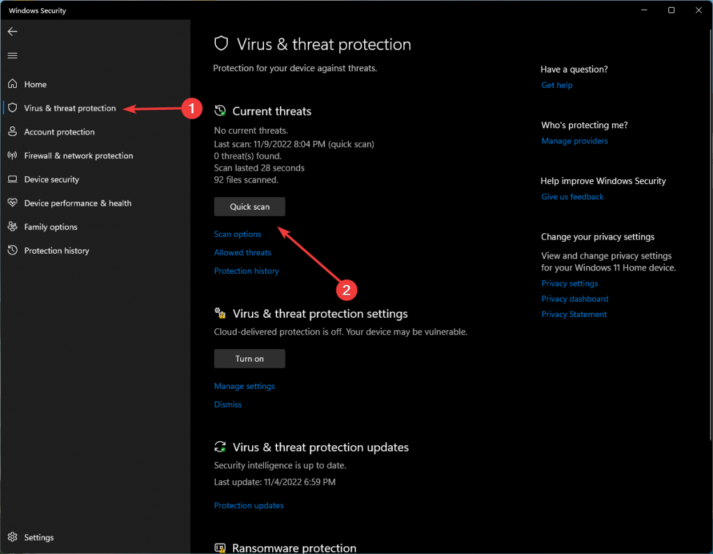 Virus and threat protection tab in Windows Security to fix corrupted hard drive