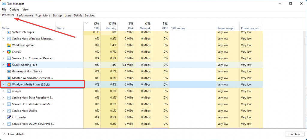 WMP in task manager