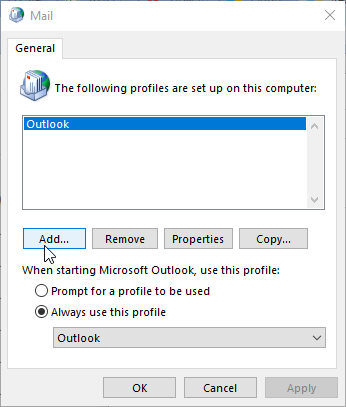 add new profile in outlook
