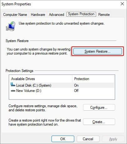 click System Restore under system protection tab