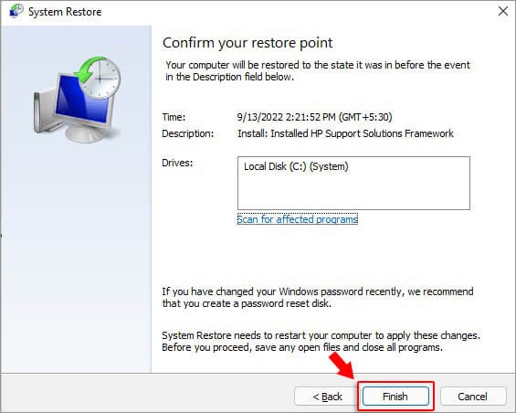 click finish to complete system restore process