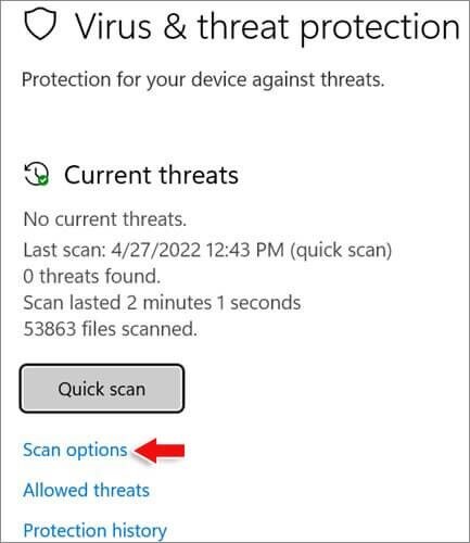 click scan options under virus and threat protection