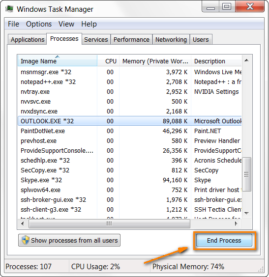 close Outlook using windows task manager