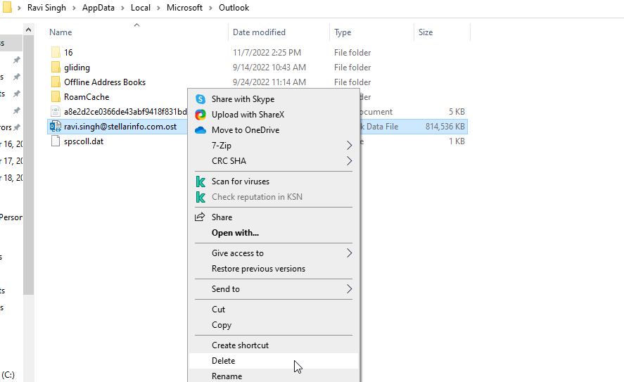 delete micrsoft Outlook local cache or ost file