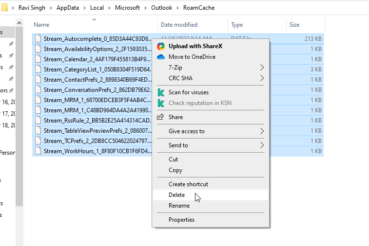 delete outlook Roamcache