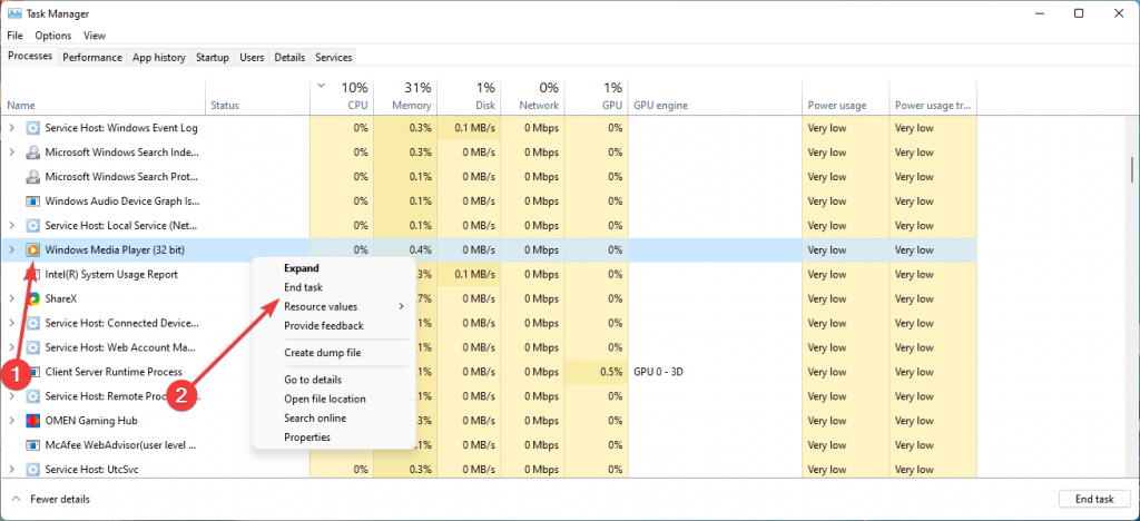 end task option for WMP