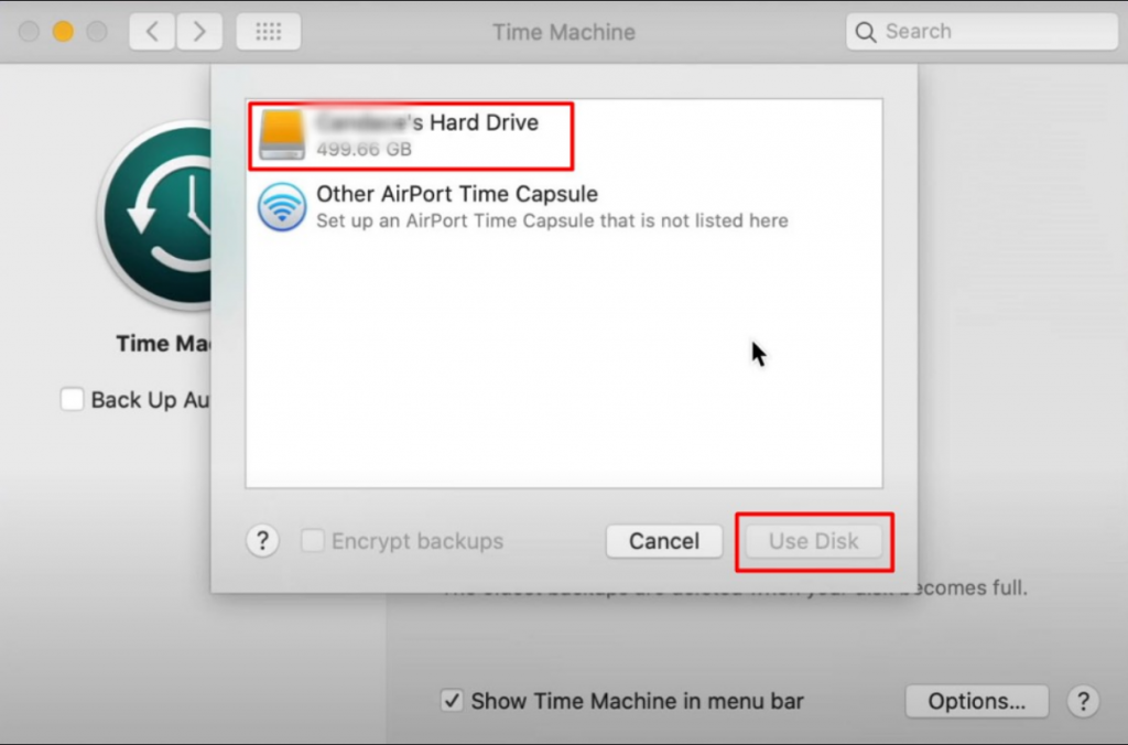 Time Machine > Seleziona disco di backup > Usa disco