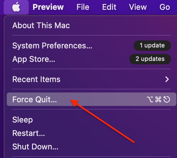 Preview > Apple logo > Force Quit