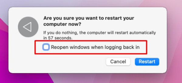 uncheck Reopen windows when logging back in