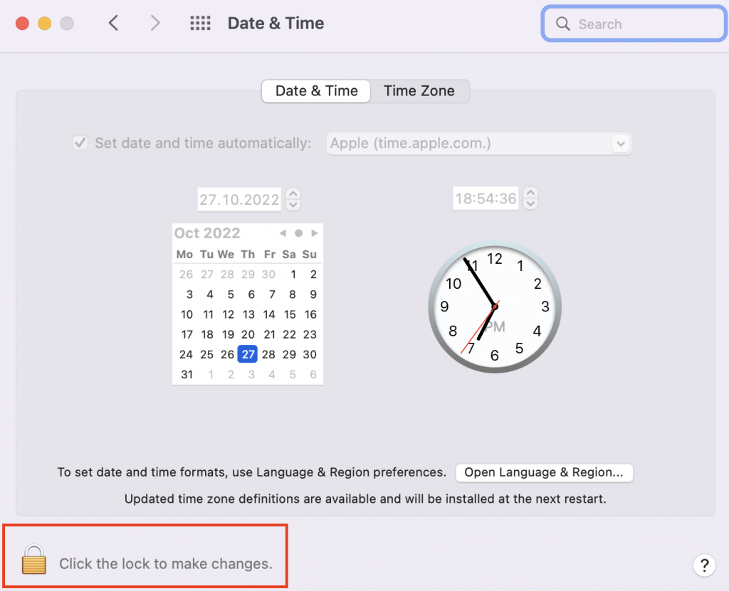 Date & Time > Click the lock to make changes