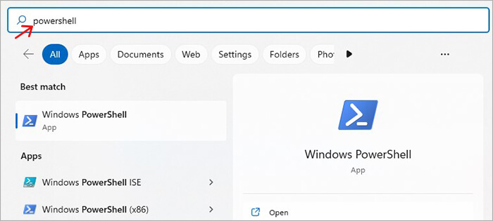 open powershell from windows search