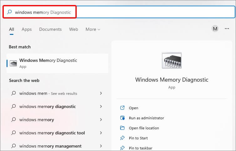 open Windows memory diagnostic 