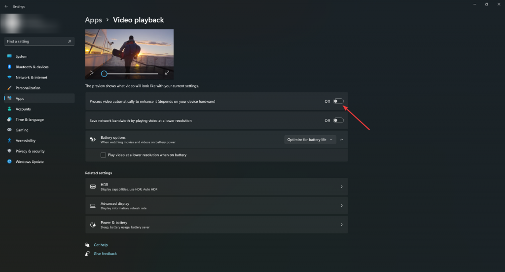 process videos automatically option to resolve video playback stuttering on Windows 11