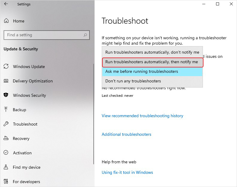 run troubleshooter automatically then notify me