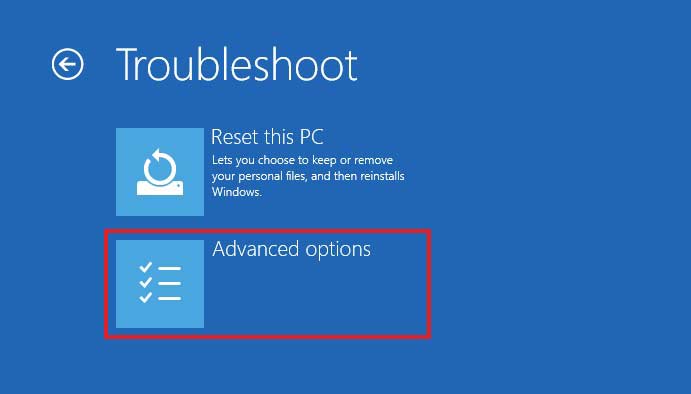 Select Advanced options on troubleshoot screen