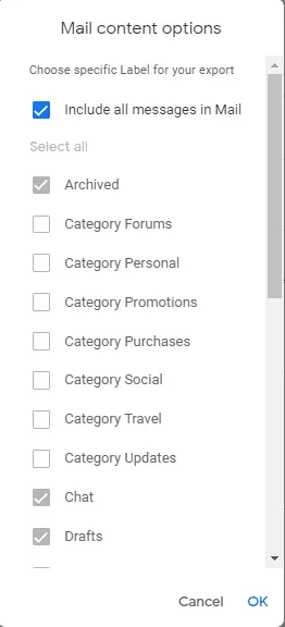 select include all messages in google takeout