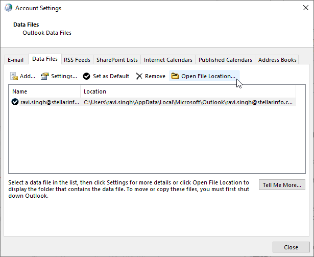 Click data files from control panel to open Outlook data file location