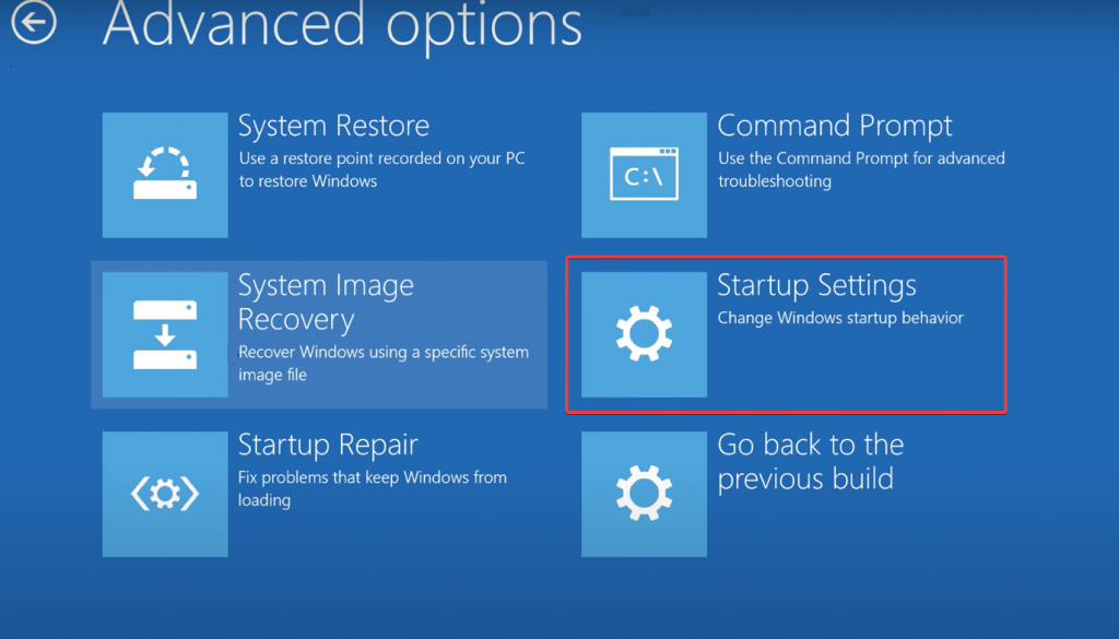 select startup settings on advanced option screen