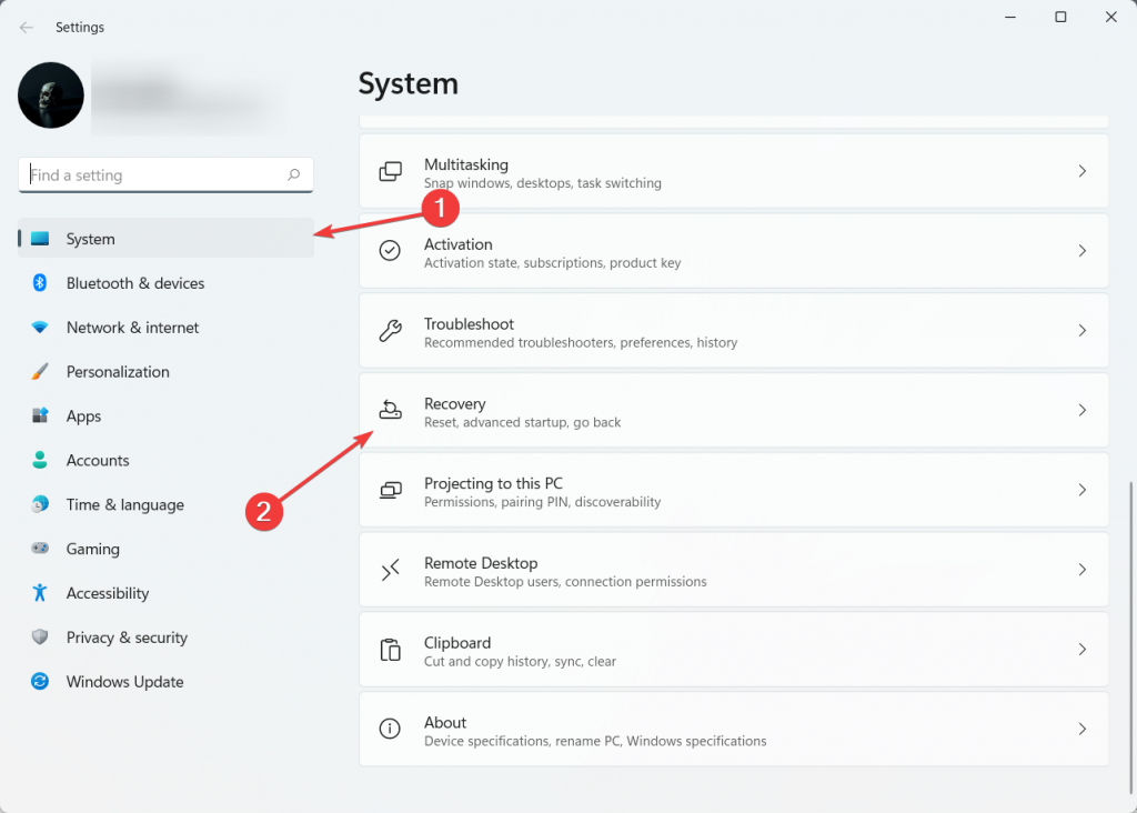 selecting recovery section in settings