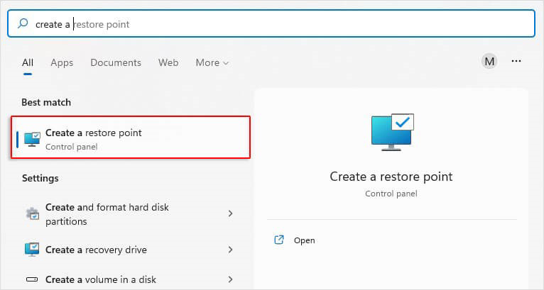 type create a restore point in Search