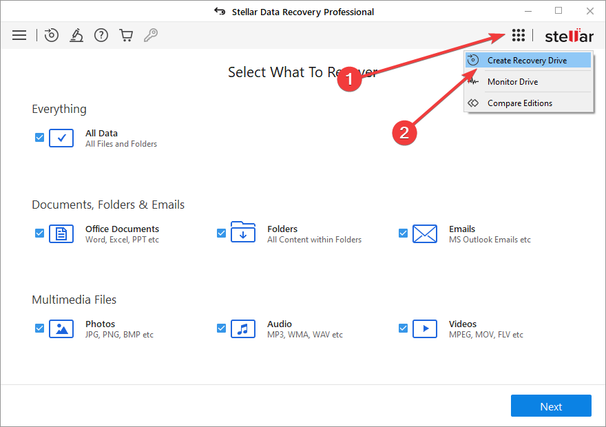 waffle menu and create a recovery media option