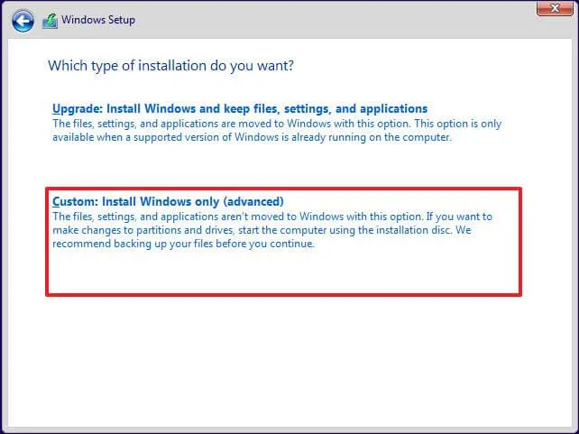 windows custom install option