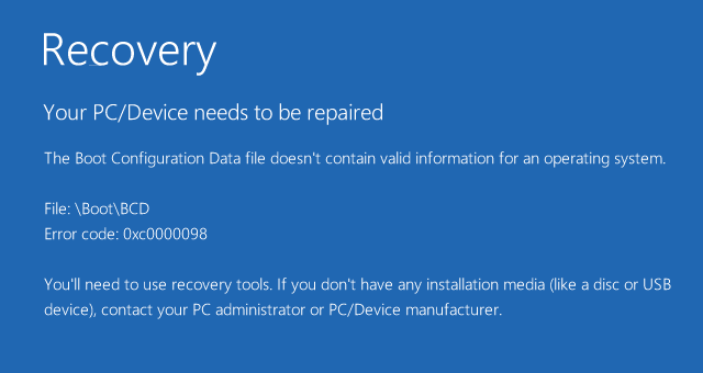 Boot error 0xc0000098
