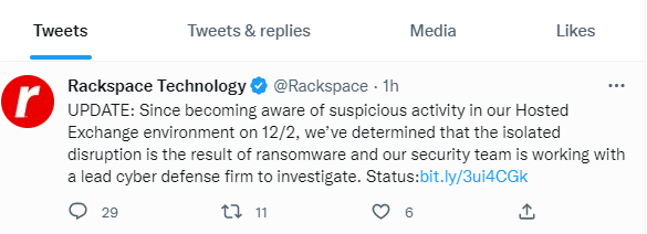 rackspace tweet on server outage