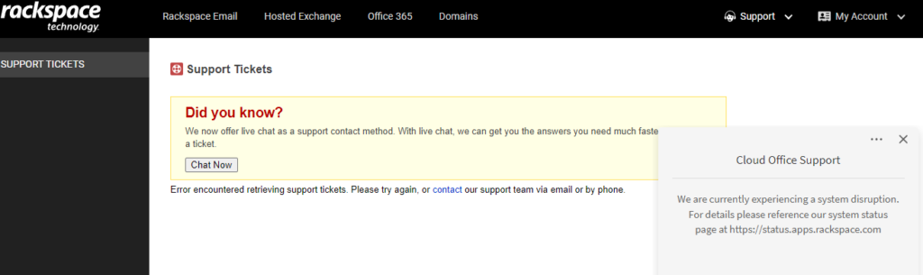 Rackspace support ticket system is currently overloaded