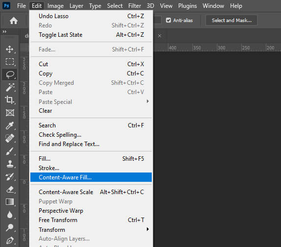 content aware fill option in lasso tool