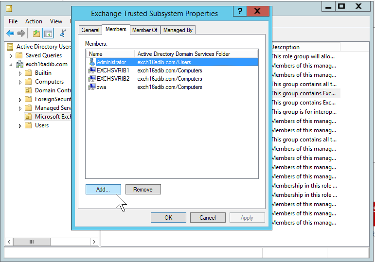 add member server to the Exchnage trusted subsystem group