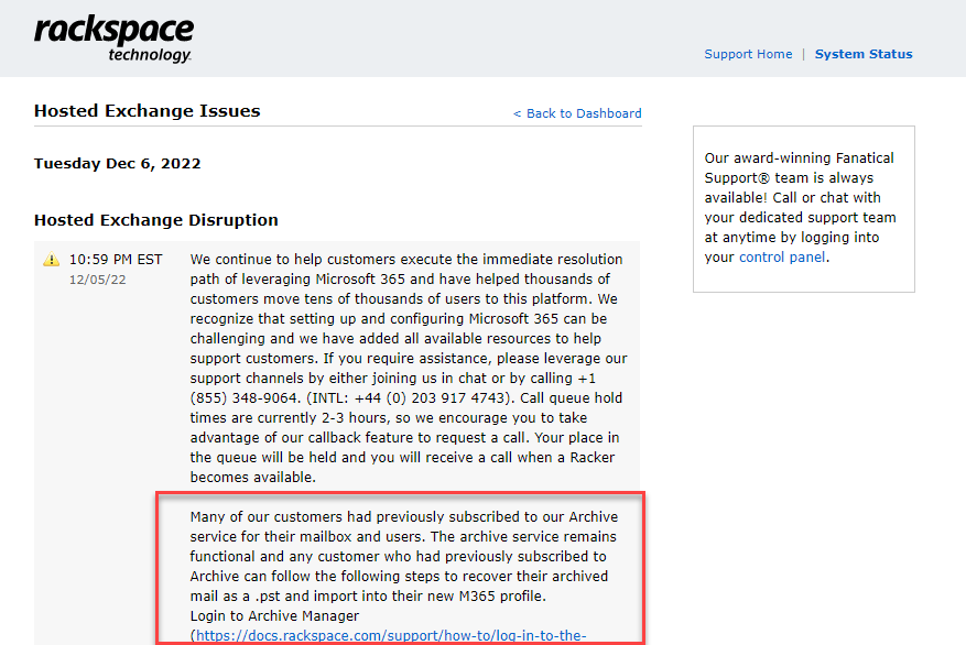 Update from Rackspace on Hosted Exchange Distruption