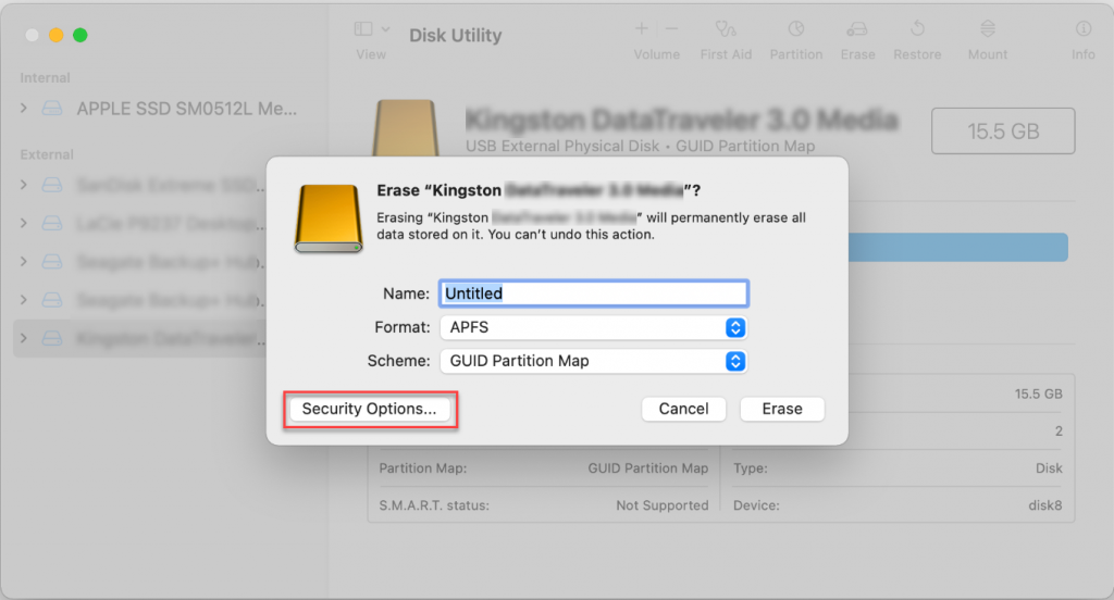 Disk Utility > Erase > Security Options