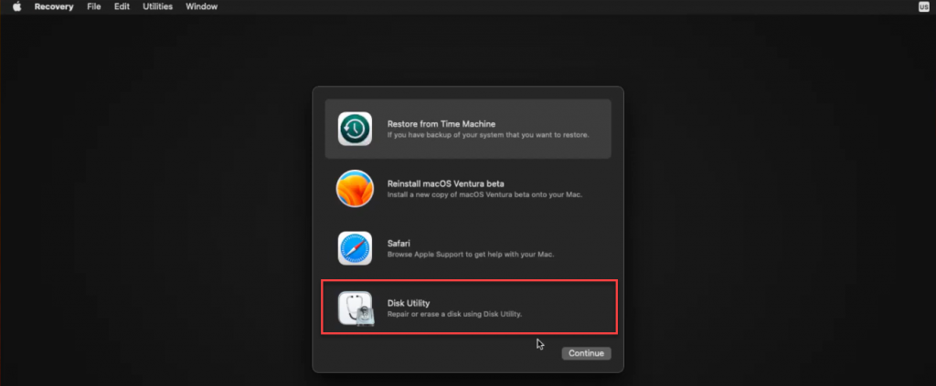 Recovery Mode > Disk Utility