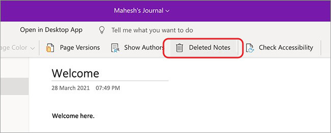 open deleted notes in OneNote WIndows 10 on Web