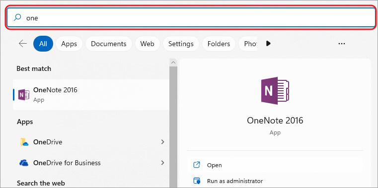 abrir la aplicación Onenote a través de la búsqueda de Windows
