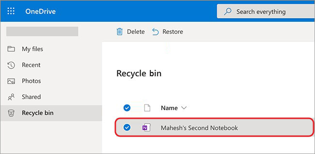 select files to restore from OneDrive