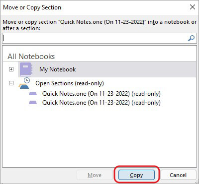 Select the deleted oneNote Notebook and click copy