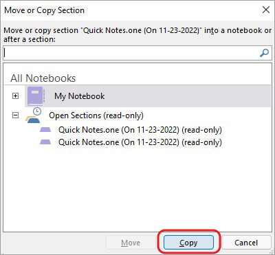 Seleccione el oneNote Notebook eliminado y haga clic en copiar