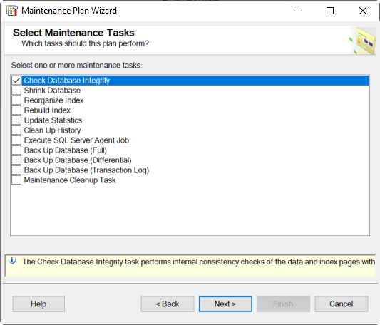 select the Check database integrity under select maintenance task wizard