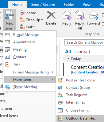 Create a new PST file in Outlook for Windows