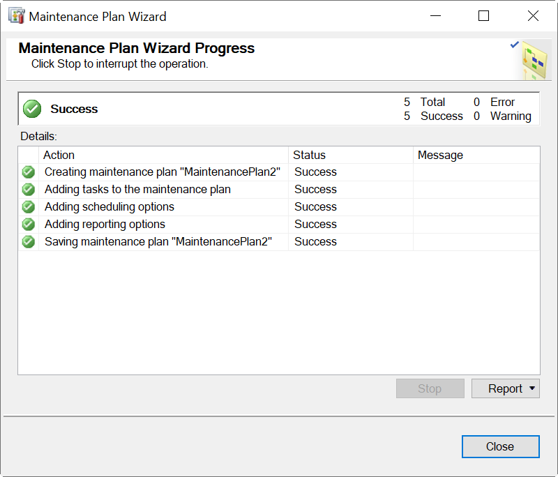 Maintenance Plan Wizard success