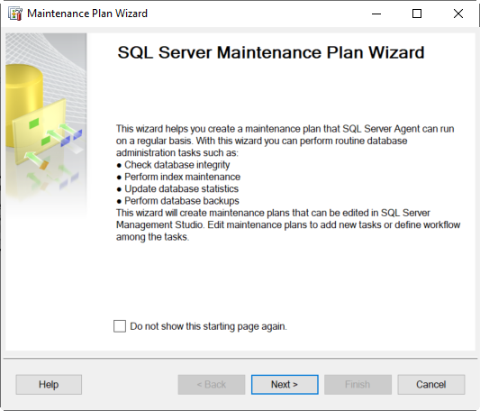 In the first Maintenance Plan Wizard Windows, press next.